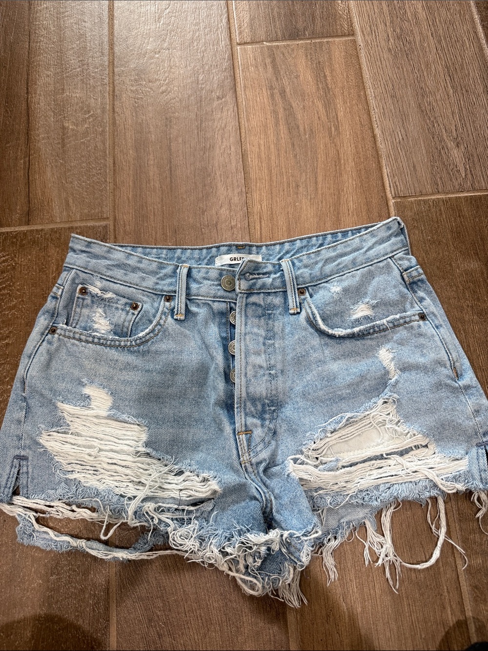 GRLFRND Light Blue Distressed High-Rise Denim Shorts